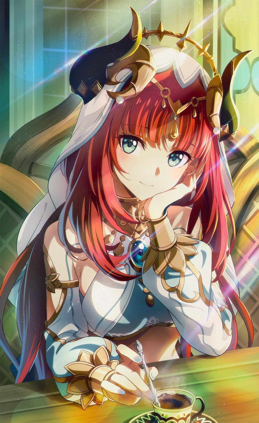 1girl absurdres aqua_eyes bangs blue_nails blush bracer brooch cheek_rest circlet closed_mouth clothing_cutout commentary crop_top cup detached_sleeves fake_horns fcc_(fengcheche) genshin_impact glint gold_trim hand_on_own_face harem_outfit head_tilt highres holding holding_spoon horns jewelry lens_flare light_particles long_hair long_sleeves looking_at_viewer low_twintails nail_polish neck_ring nilou_(genshin_impact) parted_bangs puffy_long_sleeves puffy_sleeves red_hair saucer sidelighting sidelocks sitting smile solo spoon steam table tea teacup twintails upper_body veil white_headwear white_sleeves wooden_table