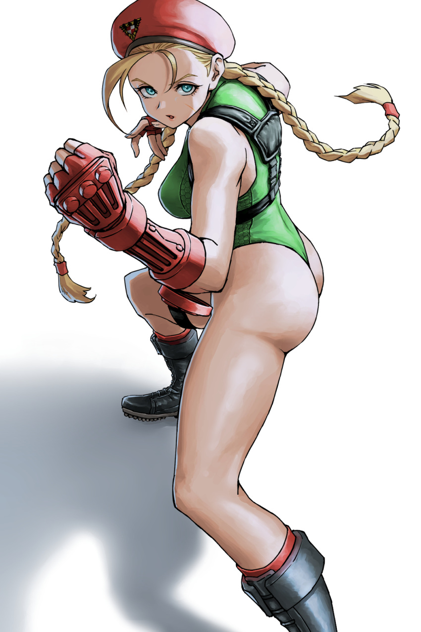 1girl ahoge antenna_hair ass beret blonde_hair blue_eyes boots braid breasts cammy_white clenched_hand fighting_stance fingerless_gloves gloves green_leotard hat highres leotard looking_at_viewer medium_breasts open_mouth red_gloves scar scar_on_cheek scar_on_face solo strap street_fighter street_fighter_v thigh_strap thighs thong_leotard twin_braids white_background x_chitch