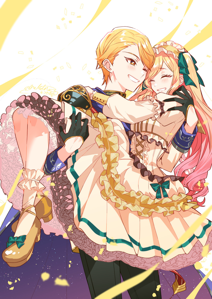 1boy 1girl black_gloves black_pants blonde_hair blush bobby_socks bow brother_and_sister carrying commentary confetti dress gloves gold_footwear green_bow hair_bow hairband half_gloves happy highres himitsu_no_valentine_daisakusen!_(project_sekai) juliet_sleeves kaitou_shinshi_no_harahara!?_white_day_(project_sekai) lolita_hairband long_sleeves pants princess_carry project_sekai puffy_sleeves shinonome_neko-tarou shoes siblings smile socks tenma_saki tenma_tsukasa twintails white_dress white_socks yellow_eyes