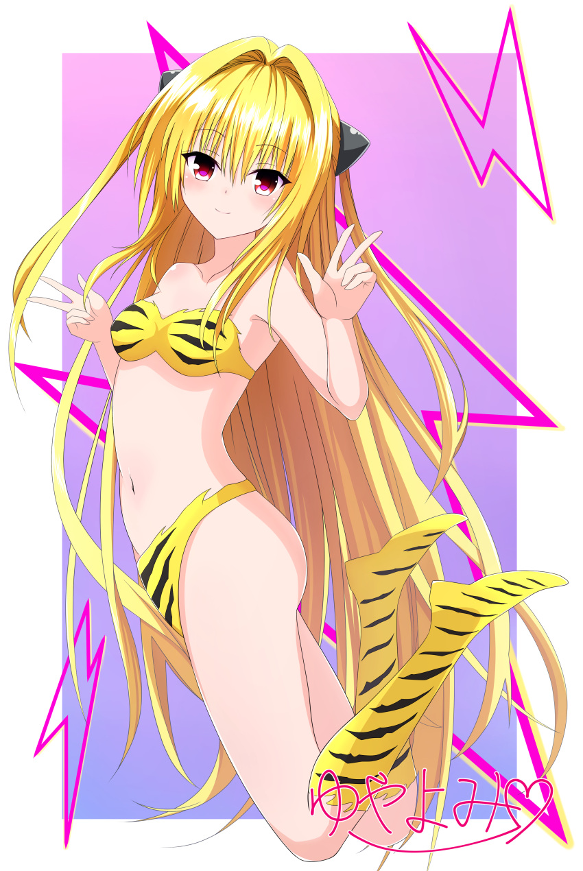 absurdres ass bangs bare_arms bare_shoulders belly blonde_hair blush bra collarbone cosplay dot_nose double_v eyebrows_hidden_by_hair framed full_body gradient gradient_background hair_between_eyes hair_intakes hands_up highres konjiki_no_yami lightning_bolt_symbol long_hair lum lum_(cosplay) navel nude raised_eyebrows red_eyes shadow sidelocks signature simple_background smile socks thighs tiger_panties tiger_stripes to_love-ru two_side_up underwear v very_long_hair yellow_bra yellow_socks yuyayomi