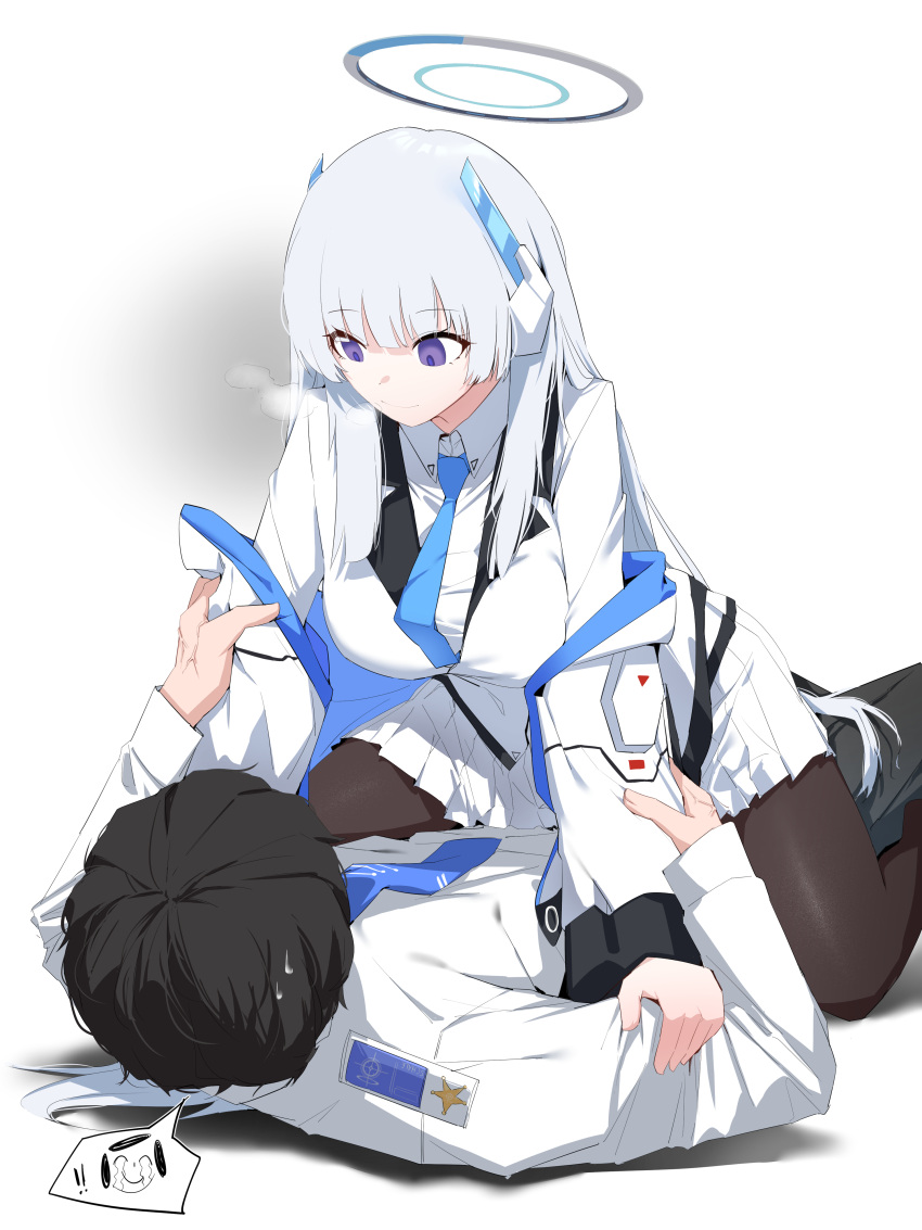 1boy 1girl absurdres arm_grab black_hair black_pantyhose blue_archive blue_necktie closed_mouth collared_shirt girl_on_top grey_hair halo highres jacket long_hair long_sleeves lying necktie noa_(blue_archive) on_back pantyhose plentyofempty purple_eyes sensei_(blue_archive) shirt skirt smile spoken_character straddling very_long_hair white_jacket white_shirt white_skirt