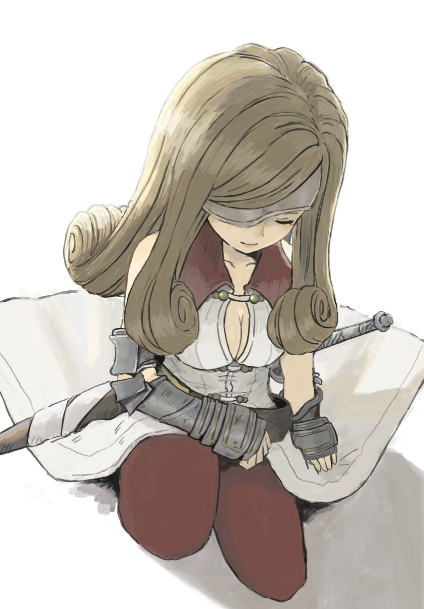 1girl arm_armor bare_shoulders beatrix_(ff9) breasts brown_hair brown_pants cleavage closed_eyes cowboy_shot curly_hair eyepatch final_fantasy final_fantasy_ix hair_over_one_eye highres jacket long_hair long_jacket pants sleeveless sleeveless_jacket smile solo soraoyogusakana sword weapon white_background white_jacket