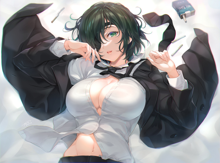 1girl absurdres black_jacket black_necktie breasts chainsaw_man cigarette cigarette_pack cleavage collared_shirt commentary_request dress_shirt eyepatch green_eyes green_hair hair_over_one_eye hands_up highres himeno_(chainsaw_man) jacket large_breasts long_sleeves looking_at_viewer lying navel necktie on_back open_clothes open_jacket parted_lips partially_unbuttoned shirt short_hair smile solo stomach tel-o upper_body white_background white_shirt