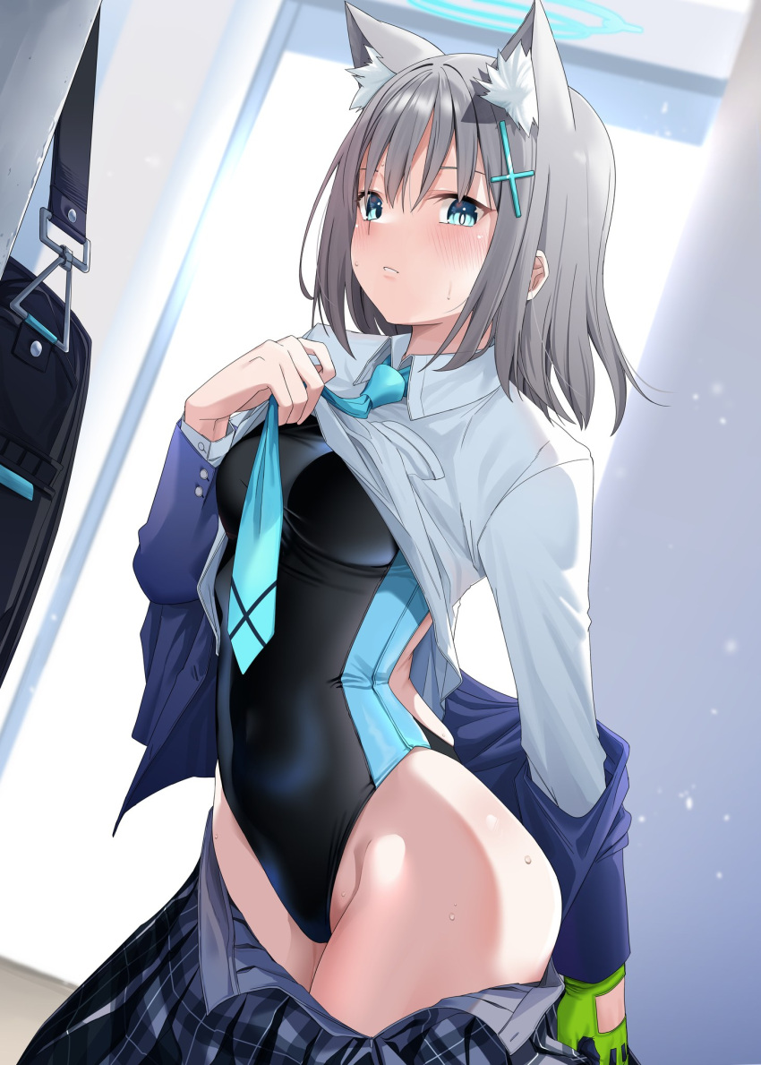 1girl animal_ear_fluff animal_ears bag bangs black_one-piece_swimsuit blue_archive blue_eyes blue_jacket blue_necktie blush breasts chicke_iii clothes_lift clothes_pull collared_shirt cowboy_shot cross_hair_ornament extra_ears gloves grey_hair hair_ornament halo highres jacket long_sleeves looking_at_viewer medium_breasts medium_hair necktie one-piece_swimsuit parted_lips plaid plaid_skirt shiroko_(blue_archive) shiroko_(swimsuit)_(blue_archive) shirt shirt_lift single_glove skirt skirt_pull solo standing swimsuit swimsuit_under_clothes white_shirt