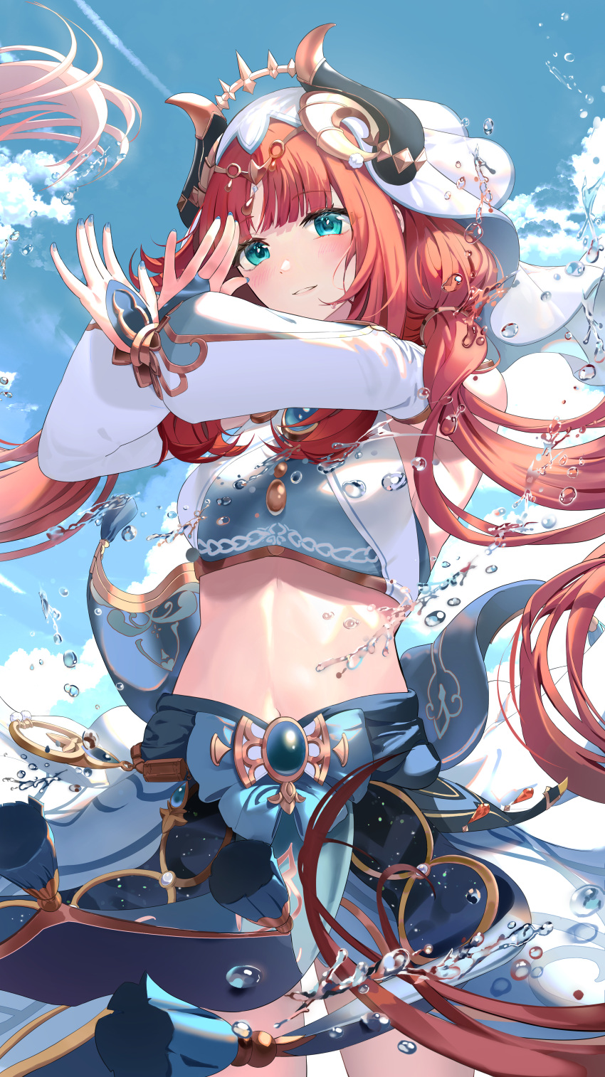 1girl absurdres aqua_eyes bangs bare_shoulders blue_bow blue_gemstone blue_nails blue_sky blush bow brooch circlet cloud cowboy_shot crop_top dancer day fake_horns gem genshin_impact gold_trim harem_outfit highres horns jewelry long_hair long_sleeves looking_at_viewer low_twintails navel nilou_(genshin_impact) outdoors parted_bangs parted_lips puffy_long_sleeves puffy_sleeves red_hair skirt sky smile solo stomach thighs ttorong twintails two-sided_fabric two-sided_veil veil water water_drop x_arms