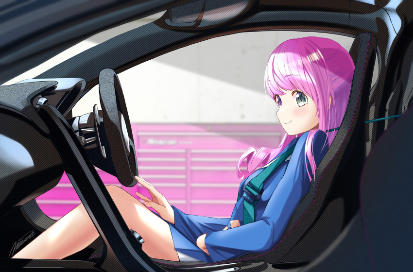 1girl artist_name blue_shirt car car_interior car_seat closed_mouth commentary_request dashboard from_side green_eyes ground_vehicle heterochromia highres himemori_luna hinazuki_maara hololive long_hair long_sleeves motor_vehicle pink_hair purple_eyes race_queen seatbelt shirt sitting smile solo steering_wheel vehicle_interior virtual_youtuber watermark wavy_hair