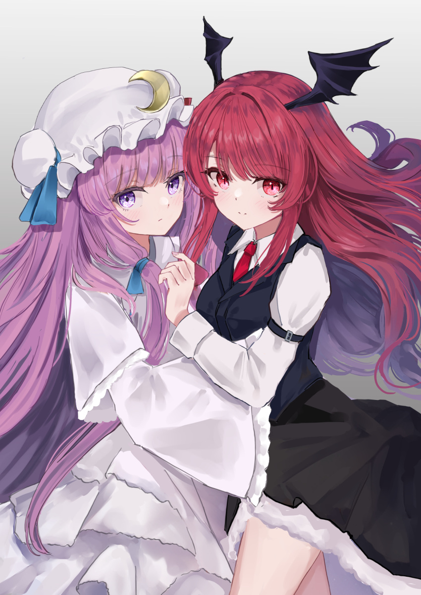 2girls :/ black_skirt black_vest blue_bow blue_ribbon blush bow closed_mouth collared_shirt commentary_request crescent crescent_hat_ornament demon_wings dress fingernails frilled_sleeves frills grey_background hair_bow hair_ribbon hat hat_ornament hat_ribbon head_wings highres koakuma long_hair long_sleeves mob_cap multiple_girls necktie patchouli_knowledge purple_eyes purple_hair red_bow red_eyes red_hair red_necktie red_ribbon ribbon sarasadou_dan shirt sidelocks simple_background skirt sleeve_garter sleeves_past_fingers sleeves_past_wrists slit_pupils smile split_mouth touhou vest white_dress white_headwear white_shirt wide_sleeves wings