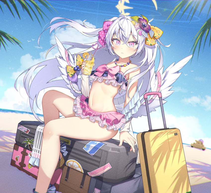 1girl ahoge azusa_(blue_archive) azusa_(swimsuit)_(blue_archive) beach bikini blue_archive bow breasts cup drink drinking_straw flower flower_on_head food frilled_bikini frills hair_flower hair_ornament hair_ribbon highres holding holding_cup holding_drink holding_food jewelry knees_up long_hair low_wings necklace official_alternate_costume open_mouth pink_bow pink_eyes pink_skirt purple_flower ribbon sitting sitting_on_object skirt solo strapless strapless_bikini suitcase swimsuit tyobis. white_hair white_wings wings