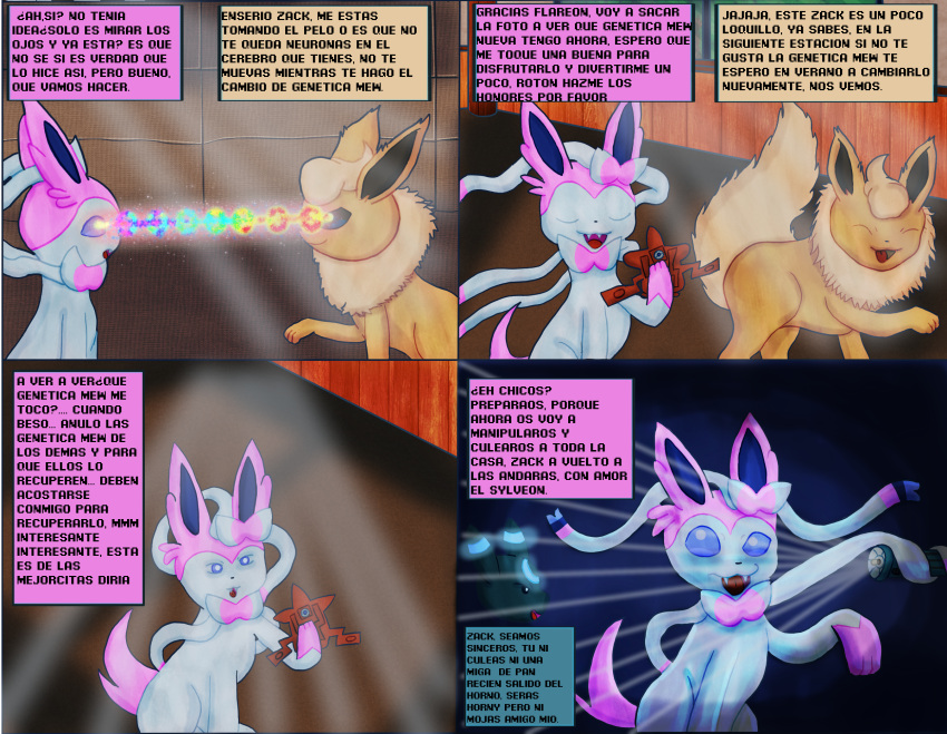 comic eeveelution embrioeldragon feral flareon generation_1_pokemon generation_2_pokemon generation_4_pokemon generation_6_pokemon hi_res nintendo pokemon pokemon_(species) rotom shiny_pokemon spanish_text sylveon text umbreon video_games