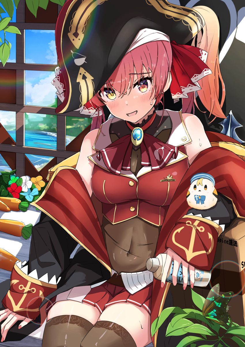 1girl absurdres arrow_through_heart bangs bicorne bird bird_on_hand black_coat black_headwear blush brown_thighhighs buttons coat covered_navel cropped_jacket crossed_bangs gold_trim hat heterochromia high_ponytail highres holding hololive houshou_marine jacket leotard leotard_under_clothes looking_at_viewer miniskirt off_shoulder open_mouth pirate pirate_hat pleated_skirt red_eyes red_hair red_jacket red_skirt see-through see-through_leotard sitting skirt sleeveless sleeveless_jacket solo spice_mega sweat thighhighs virtual_youtuber yellow_eyes zettai_ryouiki