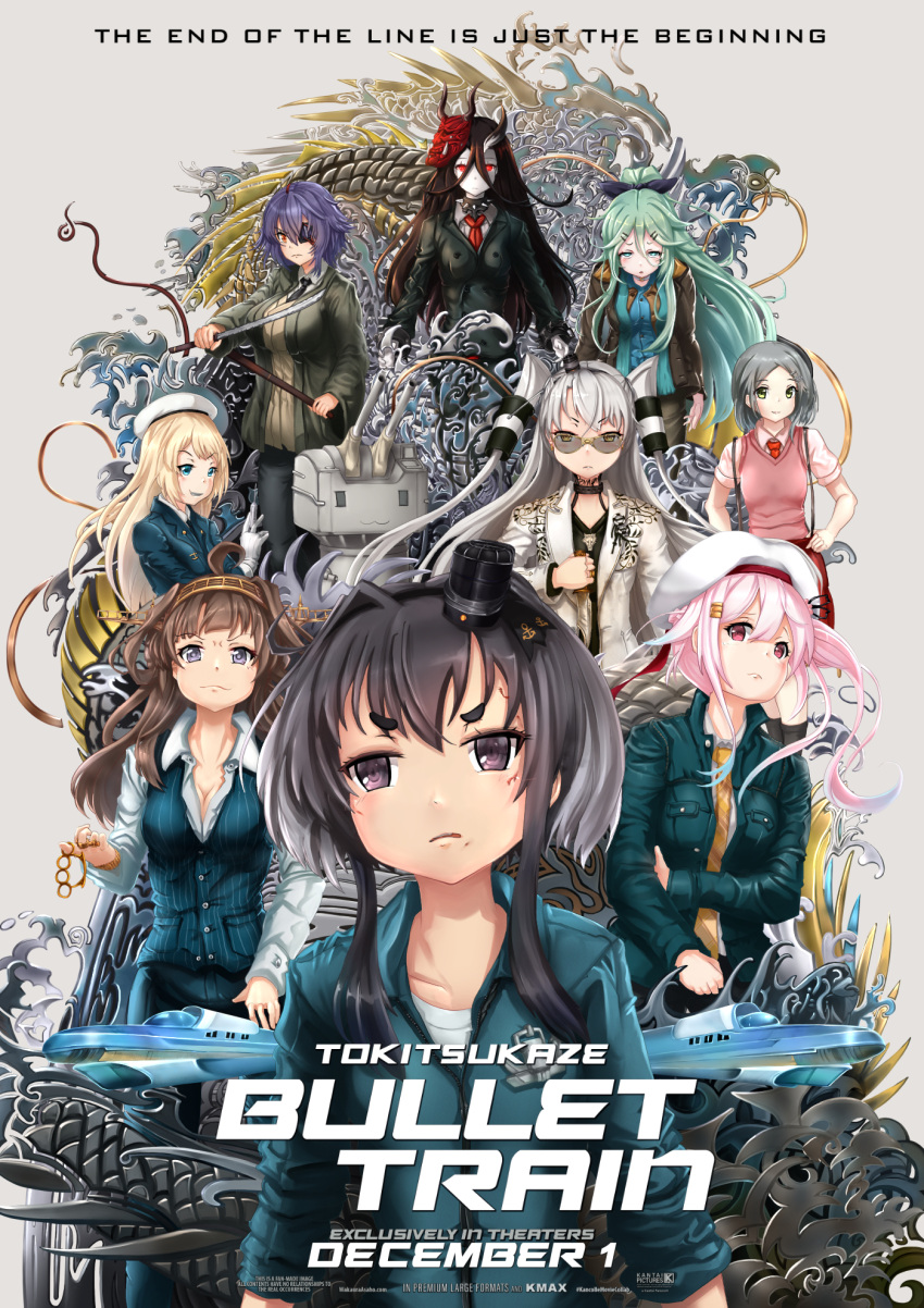 6+girls abyssal_ship ahoge alternate_costume amatsukaze_(kancolle) battleship_water_oni beret black_hair black_necktie black_suit blonde_hair blue_eyes blue_hair blue_jacket blue_pants blue_vest brass_knuckles breasts brown_eyes brown_hair bullet_train_(movie) colored_skin double_bun english_commentary english_text eyepatch formal gloves gold_necktie gradient_hair green_eyes green_jacket grey_hair hair_between_eyes hair_bun hair_flaps hair_ornament hair_tubes hairband hairclip harusame_(kancolle) hat headgear highres holding holding_sword holding_weapon horns jacket jervis_(kancolle) kantai_collection katana kongou_(kancolle) kongou_kai_ni_(kancolle) kuroshio_(kancolle) large_breasts long_hair long_sleeves mask mask_on_head medium_breasts mini_hat multicolored_hair multiple_girls necktie oni_mask pants parody pink_hair pink_vest purple_eyes purple_hair red_eyes red_necktie rensouhou-kun shirt short_hair short_hair_with_long_locks side_ponytail sidelocks single_horn striped striped_pants striped_vest suit sword tenryuu_(kancolle) tokitsukaze_(kancolle) two_side_up vertical-striped_pants vertical-striped_vest vertical_stripes very_long_hair vest wakaura_asaho weapon white_gloves white_hair white_headwear white_jacket white_shirt white_skin yamakaze_(kancolle) yellow_eyes yellow_necktie