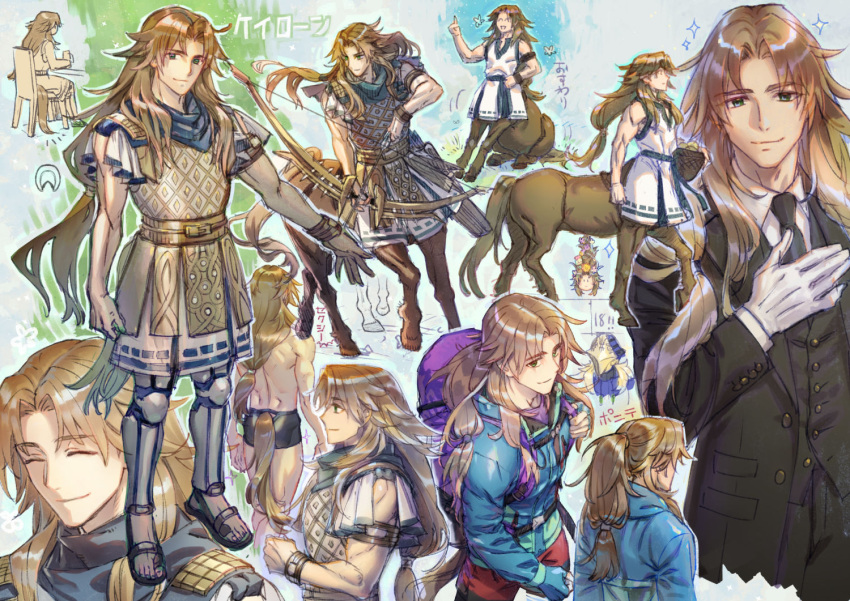 2boys :d ^_^ arm_strap armor avicebron_(fate) backpack bag basket black_jacket black_necktie black_pants black_vest blonde_hair blue_jacket blue_scarf bow_(weapon) brown_hair centaur chiron_(fate) closed_eyes collared_shirt cowboy_shot cropped_torso curtained_hair drawing_bow facing_away fate/grand_order fate_(series) flower flower_braid from_behind from_side full_body green_eyes hair_flower hair_ornament hand_on_hip hand_on_own_chest holding holding_basket holding_bow_(weapon) holding_weapon horse_tail index_finger_raised jacket leggings long_hair looking_at_viewer low-tied_long_hair male_focus male_underwear mask multi-tied_hair multiple_boys multiple_views na222222 necktie official_alternate_costume pants ponytail profile quiver sandals scarf shirt sitting sleeveless smile solo_focus sparkle standing tail taur toned toned_male underwear upper_body vest weapon white_shirt white_tunic
