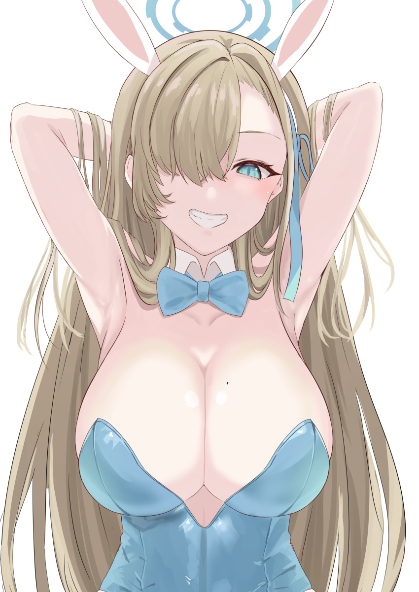 1girl absurdres animal_ears armpits arms_behind_head arms_up asuna_(blue_archive) bangs bare_shoulders blue_archive blue_bow blue_bowtie blue_eyes blue_leotard bow bowtie breasts cleavage commentary detached_collar fake_animal_ears grey_hair grin hair_over_one_eye highres large_breasts leotard long_hair looking_at_viewer mole mole_on_breast playboy_bunny rabbit_ears shinta_(the-mattyaman) simple_background smile solo strapless strapless_leotard upper_body very_long_hair white_background