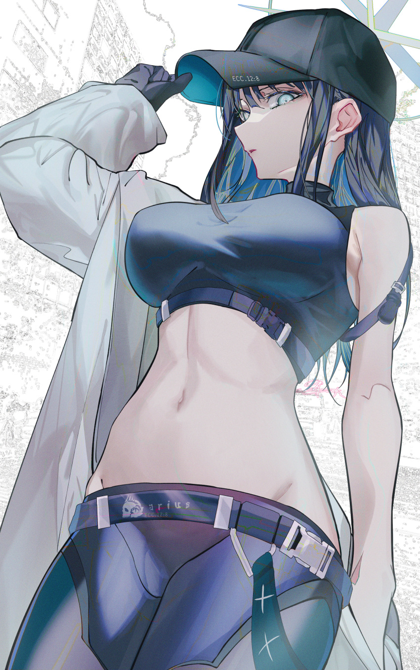 1girl absurdres adjusting_clothes adjusting_headwear bangs bare_shoulders baseball_cap belt black_gloves black_hair black_headwear blue_archive blue_belt blue_eyes blue_pants blue_shirt breasts coat commentary_request cowboy_shot crop_top gloves hat highres kerla large_breasts leggings looking_at_viewer midriff navel pants parted_lips saori_(blue_archive) shirt sleeveless sleeveless_shirt solo standing stomach white_coat