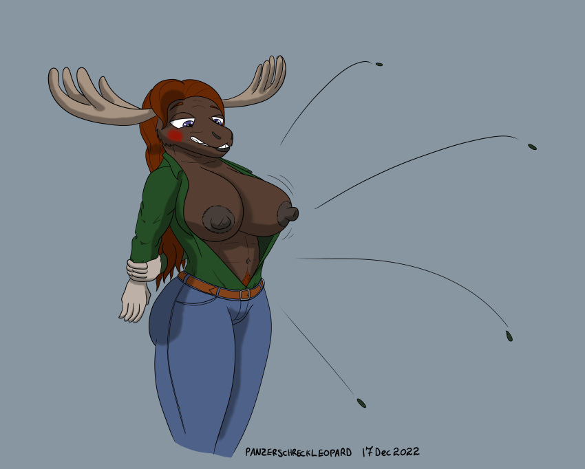 2022 abs absurd_res anthro antlers belt big_breasts bite biting_lip blue_clothing blue_eyes blush body_hair bottomwear breasts brown_body brown_fur brown_hair brown_nipples button_pop capreoline clothing colored deer denim denim_clothing female fur green_clothing hair happy_trail hi_res horn jeans long_hair mammal moose navel nipples pants panzerschreckleopard pubes simple_background solo tan_body tan_fur teeth victoria_(panzerschreckleopard) wardrobe_malfunction