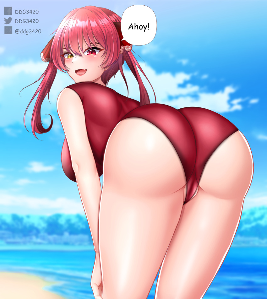 1girl absurdres ass bent_over comic_sans day ddg3420 facebook_logo facebook_username fang heterochromia highres hololive hololive_english houshou_marine looking_at_viewer looking_back outdoors pixiv_logo pixiv_username red_eyes red_hair smile solo swimsuit thighs twitter_logo twitter_username watermark yellow_eyes