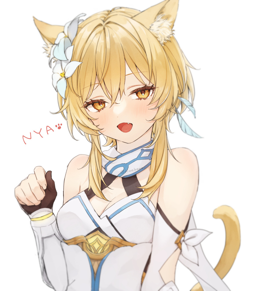 1girl animal_ear_fluff animal_ears bangs bare_shoulders blonde_hair blush breasts cat_ears cat_girl cat_tail cleavage dress elbow_gloves fang feather_hair_ornament feathers flower genshin_impact gloves hair_between_eyes hair_flower hair_ornament highres honotai looking_at_viewer lumine_(genshin_impact) open_mouth partially_fingerless_gloves paw_pose scarf short_hair short_hair_with_long_locks sidelocks simple_background sleeveless sleeveless_dress small_breasts smile solo tail upper_body white_background white_dress white_flower white_scarf yellow_eyes