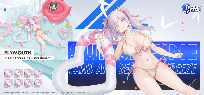 1girl alternate_costume alternate_hairstyle azur_lane ball bangs bare_legs barefoot beachball bikini bow bow_bikini breasts cameltoe character_doll character_name cleavage closed_mouth collarbone company_name copyright copyright_name english_text expression_chart feet fingernails hair_ribbon heart-shaped_innertube highres holding holding_innertube innertube large_breasts legs looking_at_viewer lying_on_water nail_polish navel official_alternate_costume official_alternate_hairstyle official_art ohisashiburi palm_tree pink_bow pink_nails pink_ribbon plymouth_(azur_lane) promotional_art purple_eyes purple_hair ribbon royal_navy_(emblem) rubber_duck see-through see-through_swimsuit side-tie_bikini_bottom smile solo_focus stomach swimsuit thighs toenail_polish toenails toes tree twintails ulrich_von_hutten_(azur_lane) water white_bikini zoom_layer