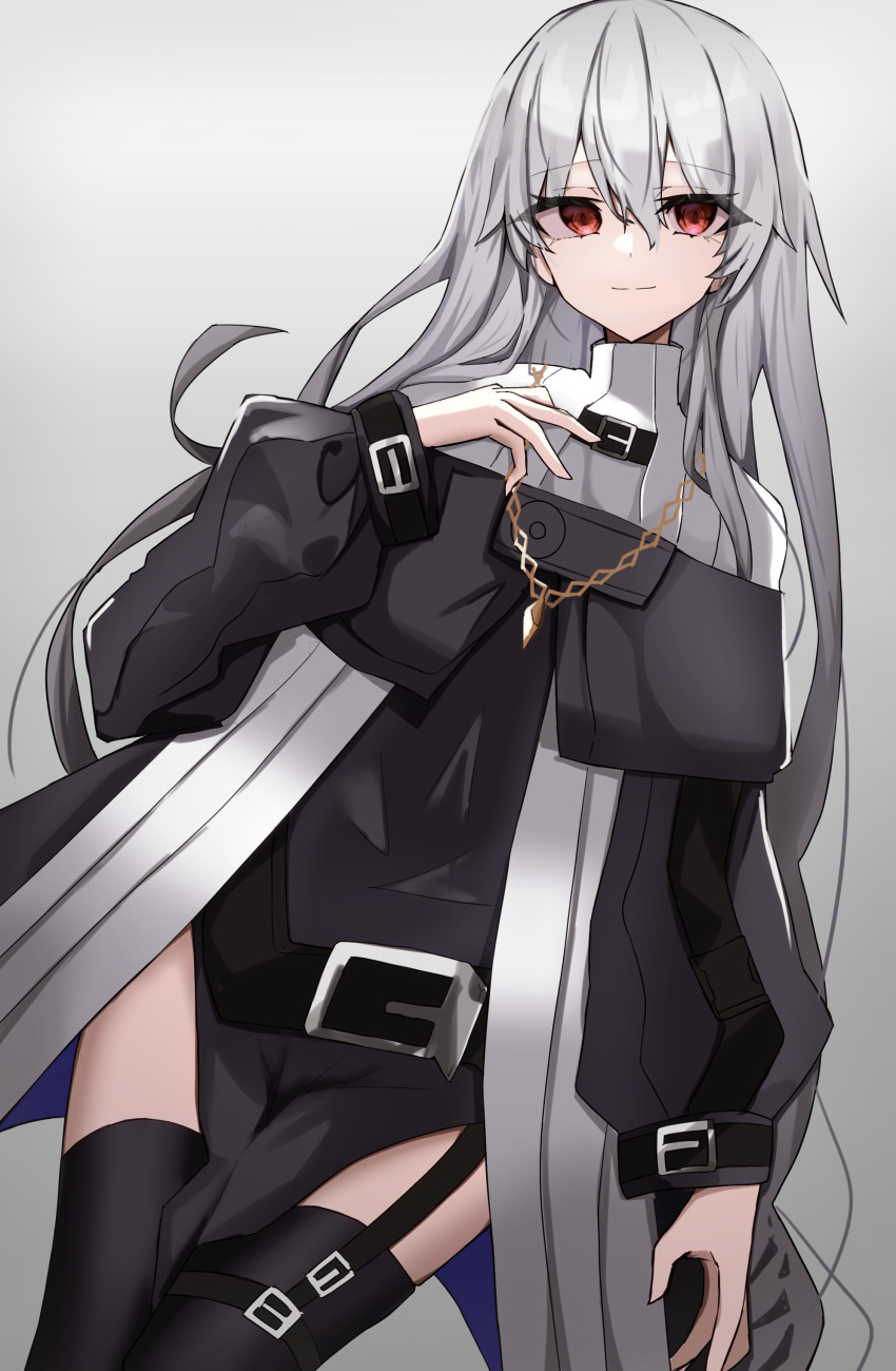 1girl absurdres arknights black_capelet black_dress black_thighhighs capelet cowboy_shot dress grey_background grey_hair highres jewelry long_hair necklace no_headwear pelvic_curtain red_eyes simple_background smile solo specter_(arknights) thighhighs touko_(toko12_tooko) very_long_hair