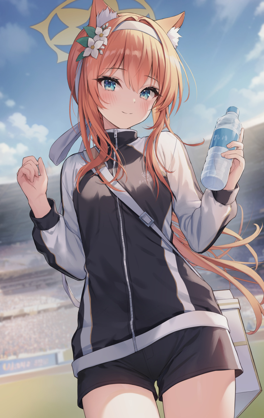 1girl animal_ear_fluff animal_ears bag blue_archive blue_eyes blue_sky blush bottle closed_mouth commentary_request flower gym_shorts gym_uniform hair_flower hair_ornament hairband halo highres holding holding_bottle jacket kuro_futoshi long_hair looking_at_viewer mari_(blue_archive) mari_(gym_uniform)_(blue_archive) multicolored_clothes multicolored_jacket official_alternate_costume orange_hair outdoors plastic_bottle ponytail shorts shoulder_bag sky smile solo standing track_jacket two-tone_jacket water_bottle white_bag white_flower white_hairband