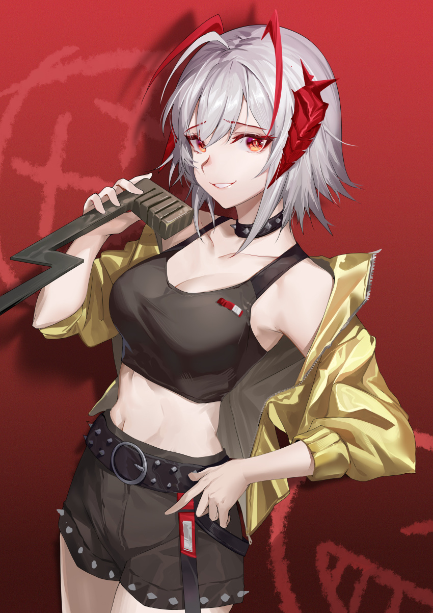 1girl absurdres ahoge antennae arknights bangs bare_shoulders belt black_belt black_shorts black_tank_top breasts cleavage collarbone commentary_request cowboy_shot crop_top drop_shadow grey_hair grin highres holding hongbaise_raw horns jacket large_breasts long_sleeves looking_at_viewer midriff navel off_shoulder open_clothes open_jacket orange_eyes red_background short_hair short_shorts shorts smile solo standing stomach tank_top w_(arknights) yellow_jacket