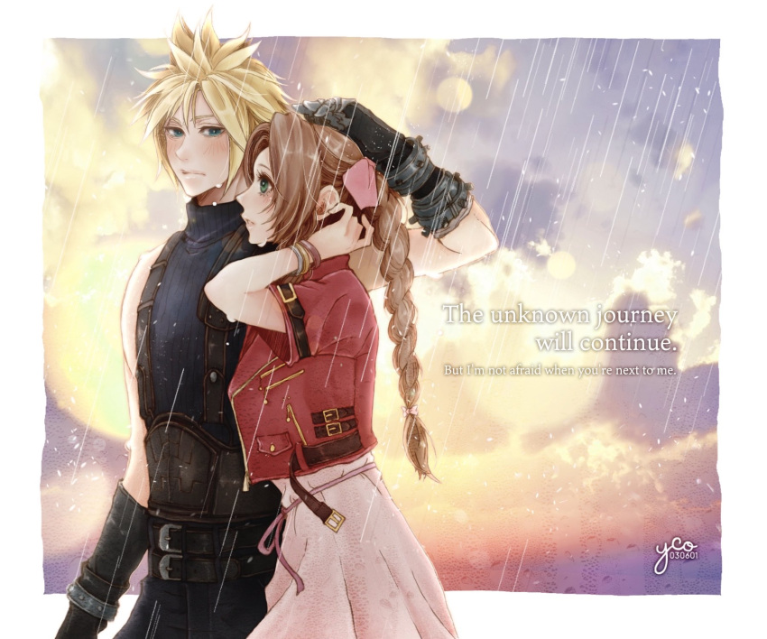 1boy 1girl aerith_gainsborough aqua_eyes artist_name bandaged_arm bandages bangle bangs belt blonde_hair blue_pants blue_shirt blush border bracelet braid braided_ponytail brown_belt brown_hair cloud cloud_strife cloudy_sky cowboy_shot cropped_jacket dress english_text final_fantasy final_fantasy_vii final_fantasy_vii_remake gloves green_eyes hair_ribbon hand_in_own_hair hand_on_another's_head highres jacket jewelry long_hair looking_at_another multiple_belts outdoors pants parted_bangs parted_lips pink_dress pink_ribbon rain red_jacket ribbon shirt short_hair short_sleeves sky sleeveless sleeveless_turtleneck spiked_hair suspenders turtleneck wet wet_hair white_border yco_030601