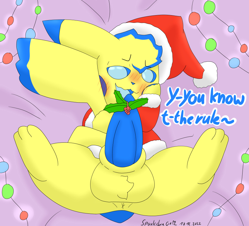 absurd_res animal_genitalia anus ball_tuft balls bed bedroom_eyes big_balls big_ears big_penis blue_body blue_cheeks blue_eyes blue_fur blue_hair_tips blue_mouth blue_pupils blue_sclera blue_tongue blush blush_lines christmas christmas_clothing christmas_headwear christmas_lights clothing cute_expression erection feral fur furniture generation_1_pokemon genitals half-closed_eyes hat headgear headwear hi_res holidays lying lying_on_bed male mammal mistletoe narrowed_eyes nervous nervous_smile nintendo on_back on_bed on_bedding paw_on_cheek paws penis pikachu plant pokemon pokemon_(species) presenting presenting_balls presenting_penis pupils rodent santa_hat seductive shaded sheath shy simple_background solo sparkchu sparkchu01 spread_legs spreading tail_hug tapering_penis tongue tuft unsheathed video_games yellow_body yellow_fur