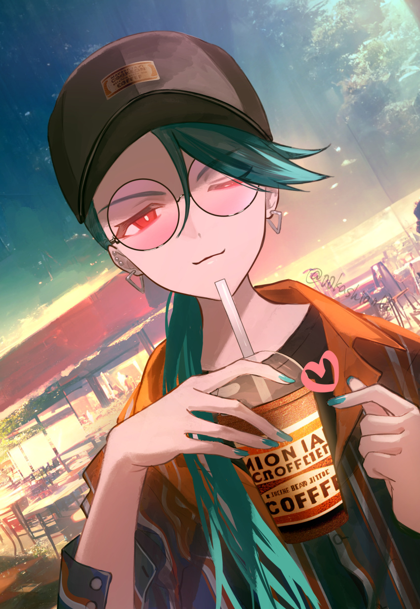 00kashian00 1girl ;) absurdres alternate_costume bangs baseball_cap bright_pupils closed_mouth coffee_cup commentary_request cup disposable_cup drinking_straw finger_heart green_hair green_nails hair_between_eyes hair_over_shoulder hat heart highres holding holding_cup jacket long_hair looking_at_viewer nail_polish one_eye_closed orange_jacket pokemon pokemon_(game) pokemon_sv ponytail red_eyes rika_(pokemon) shirt smile solo white_pupils