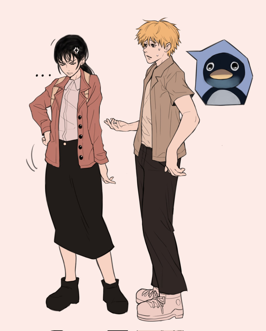 ... 1boy 1girl andrei_(shidanasu) anger_vein annoyed bird black_footwear black_hair black_pants black_skirt blonde_hair brown_jacket chainsaw_man collared_shirt denji_(chainsaw_man) emphasis_lines hand_on_hip highres jacket long_hair looking_at_another meme mitaka_asa pants penguin pingu shirt short_hair simple_background skirt spiked_hair sweat terrified_noot_noot_(meme) white_background white_footwear white_shirt