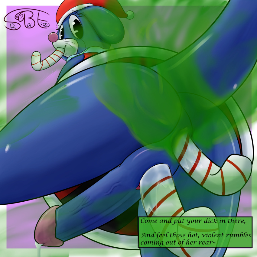 anal anal_penetration anthro anus big_butt big_penis blue_body bodily_fluids bottomless butt candy candy_cane christmas christmas_clothing christmas_headwear clothed clothing cum cum_drip dessert double_penetration dripping fart fart_cloud fart_fetish fizzy_pop_the_popplio floppy_ears food gassy gassybigears69 generation_7_pokemon genital_fluids genitals hat headgear headwear herm hi_res holidays intersex low-angle_view nintendo penetration penis pokemon pokemon_(species) pokemorph popplio pussy pussy_juice raised_tail santa_hat sexybigears69 smelly smile solo text thick_thighs upskirt vaginal vaginal_penetration video_games worm's-eye_view