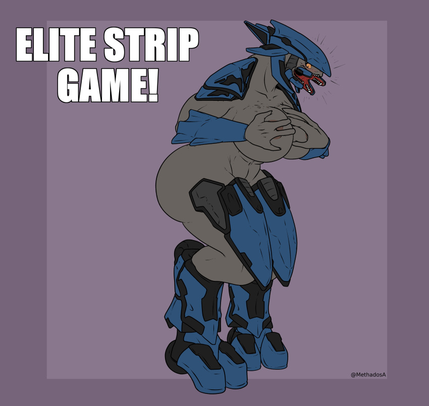 abs absurd_res alien areola armor big_breasts big_butt breasts butt cleavage clothed clothing covering covering_self digitigrade female halo_(series) headgear helmet hi_res holding_breast huge_breasts methados microsoft mostly_nude muscular muscular_female sangheili solo surprised_expression thick_thighs video_games wide_hips xbox_game_studios