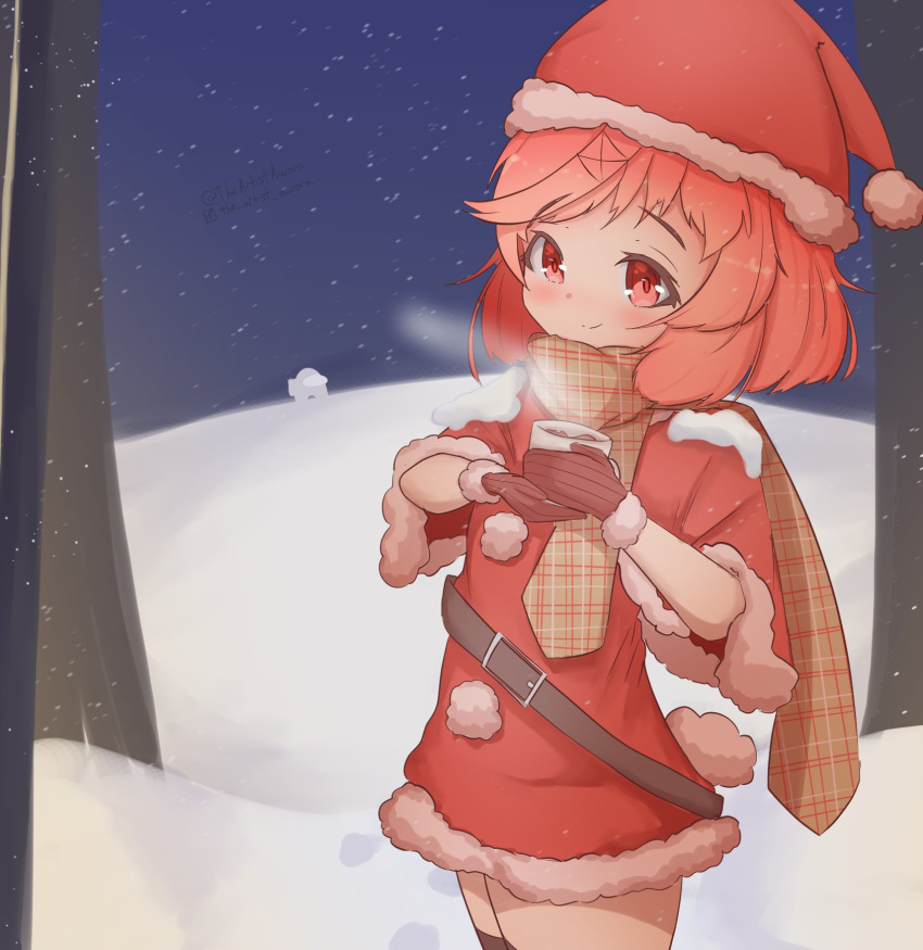 1girl among_us artist_name bangs belt belt_buckle black_thighhighs blush bob_cut brown_belt brown_gloves brown_scarf buckle capelet closed_mouth coffee_mug commentary cowboy_shot crewmate_(among_us) cup doki_doki_literature_club dress drink english_commentary fur-trimmed_dress fur-trimmed_gloves fur-trimmed_headwear fur_trim gloves hair_ornament hat highres holding holding_cup holding_drink hot_chocolate instagram_logo instagram_username light_smile looking_at_viewer mug natsuki_(doki_doki_literature_club) night pink_hair plaid plaid_scarf pom_pom_(clothes) rabbit_tail raised_eyebrows red_capelet red_dress red_eyes red_headwear ribbed_gloves santa_costume santa_hat scarf short_dress short_hair smile snow snow_on_body snowing solo standing steam swept_bangs tail the_artist_aurora thighhighs tree twitter_username winter x_hair_ornament