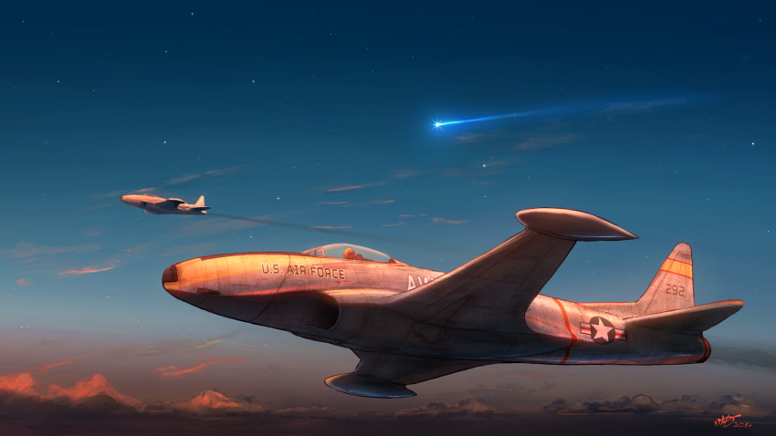 aircraft airplane aoi_waffle canopy_(aircraft) cloud dated fighter_jet flying highres jet military military_vehicle name_connection no_humans object_namesake p-80_shooting_star shooting_star signature sky sunset vehicle_focus war_thunder