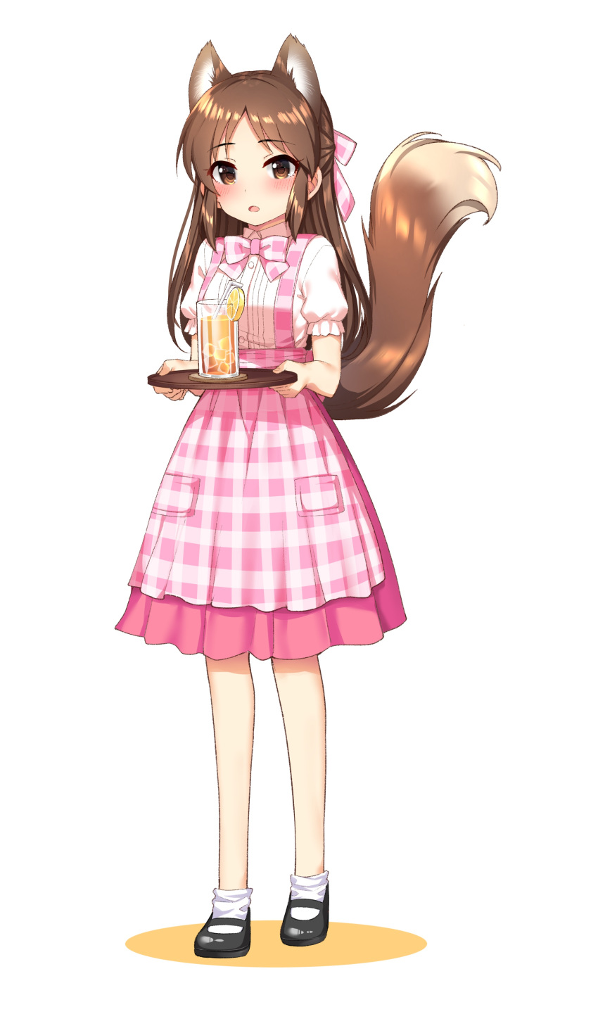 1girl absurdres animal_ears apron bangs black_footwear blush bow bowtie brown_eyes brown_hair commentary_request drinking_straw food fruit full_body glass go-1 hair_bow half_updo highres holding holding_tray lemon lemon_slice lemonade long_hair looking_at_viewer mary_janes multicolored_apron multicolored_bowtie open_mouth original parted_bangs pink_apron pink_bow pink_bowtie pink_skirt puffy_sleeves shirt shoes short_sleeves sidelocks simple_background skirt socks solo squirrel_ears squirrel_girl squirrel_tail standing tail tail_raised tray waitress white_background white_shirt white_socks