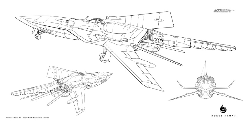 absurdres aircraft airplane asterozoa cable canopy_(aircraft) english_commentary fighter_jet flying greyscale highres jet landing_gear lineart military military_vehicle monochrome multiple_views no_humans reference_sheet rusty_front vehicle_focus