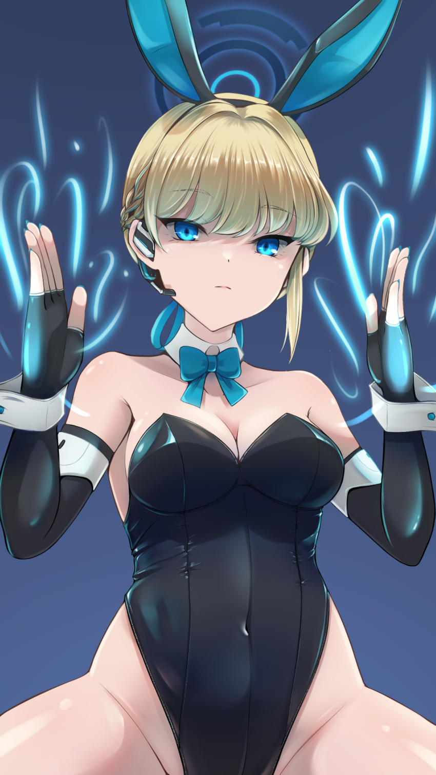 1girl animal_ears black_gloves black_leotard blonde_hair blue_archive blue_bow blue_bowtie blue_eyes bow bowtie braid breasts cleavage crown_braid detached_collar earpiece elbow_gloves ex_saki fingerless_gloves gloves halo highleg highleg_leotard highres leotard looking_at_viewer medium_breasts playboy_bunny rabbit_ears short_hair solo squatting toki_(blue_archive) wrist_cuffs