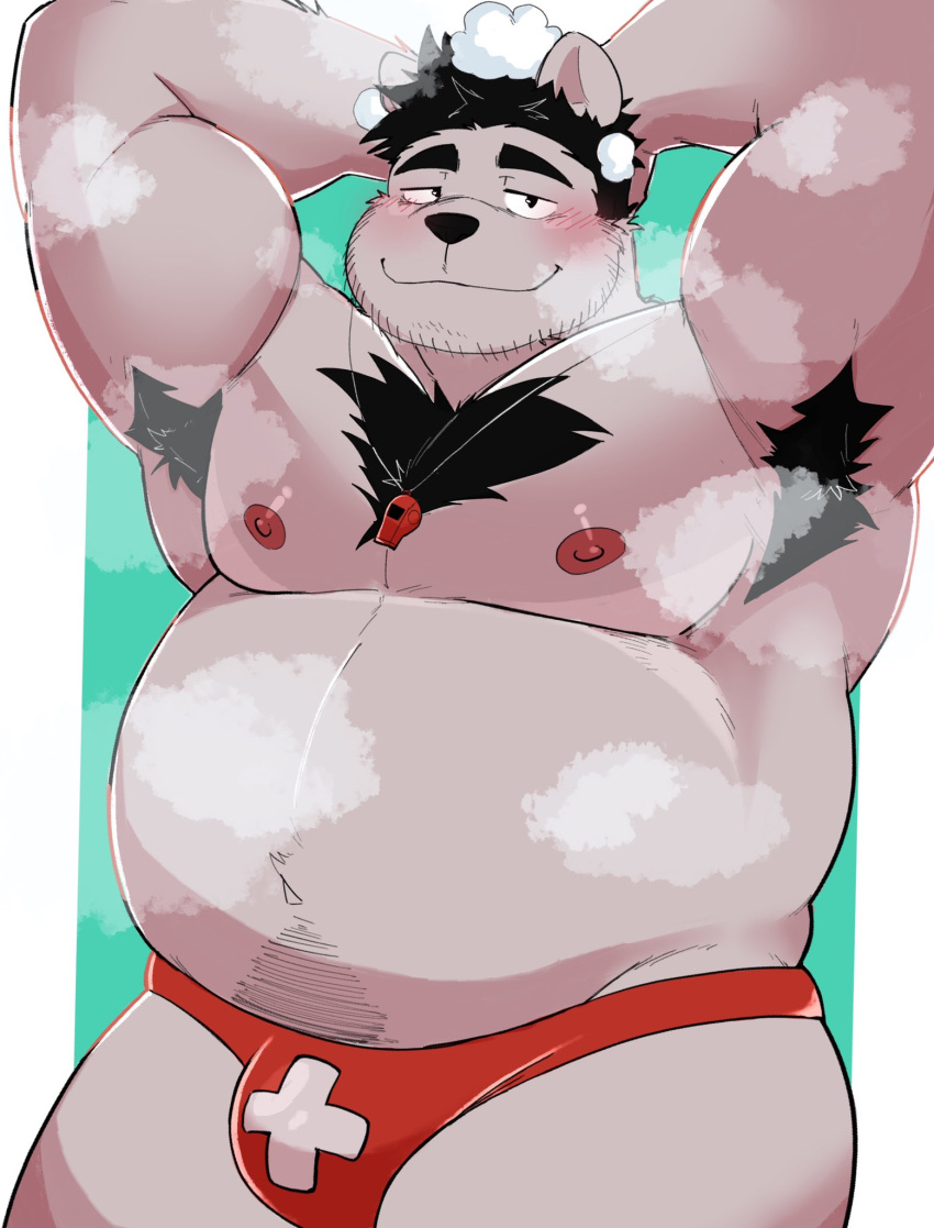 2022 anthro armpit_hair bear belly big_belly blush body_hair bulge clothing hi_res kemono male mammal moobs musk nipples overweight overweight_male raised_arm solo underwear whitebeast20