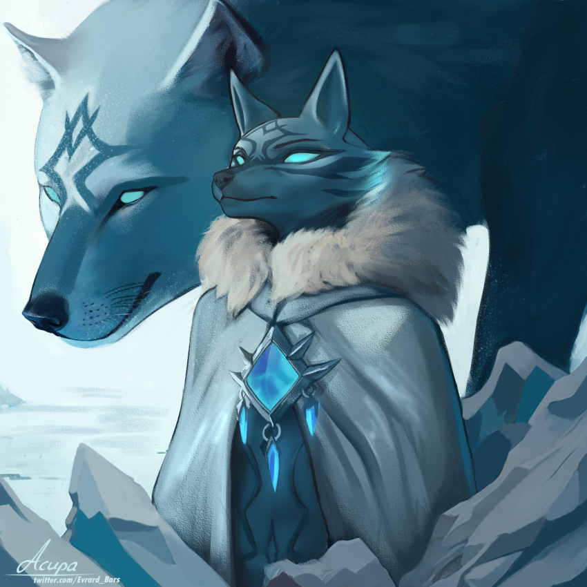 accessory acupa anthro blue_body blue_fur cadin canid canine canis clothing crystal crystal_maiden_wolf_persona dota female fur hi_res ice mammal robe rylai_the_crystal_maiden solo topwear valve video_games wolf