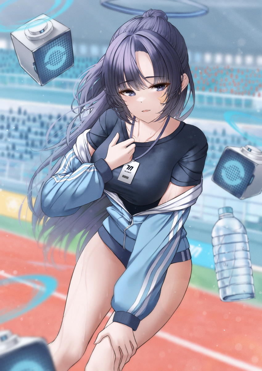 1girl absurdres bangs black_shirt blue_archive blue_buruma blue_halo blue_jacket blush bottle breasts buruma day feet_out_of_frame gym_uniform halo hand_on_own_chest hand_on_own_knee highres id_card jacket jacket_partially_removed lanyard large_breasts long_hair looking_at_viewer off_shoulder official_alternate_costume open_clothes open_mouth outdoors parted_bangs partially_unzipped ponytail popcat purple_eyes purple_hair shirt short_sleeves sidelocks sportswear star_(symbol) star_sticker sticker_on_face sweat track_jacket water_bottle yuuka_(blue_archive) yuuka_(gym_uniform)_(blue_archive)