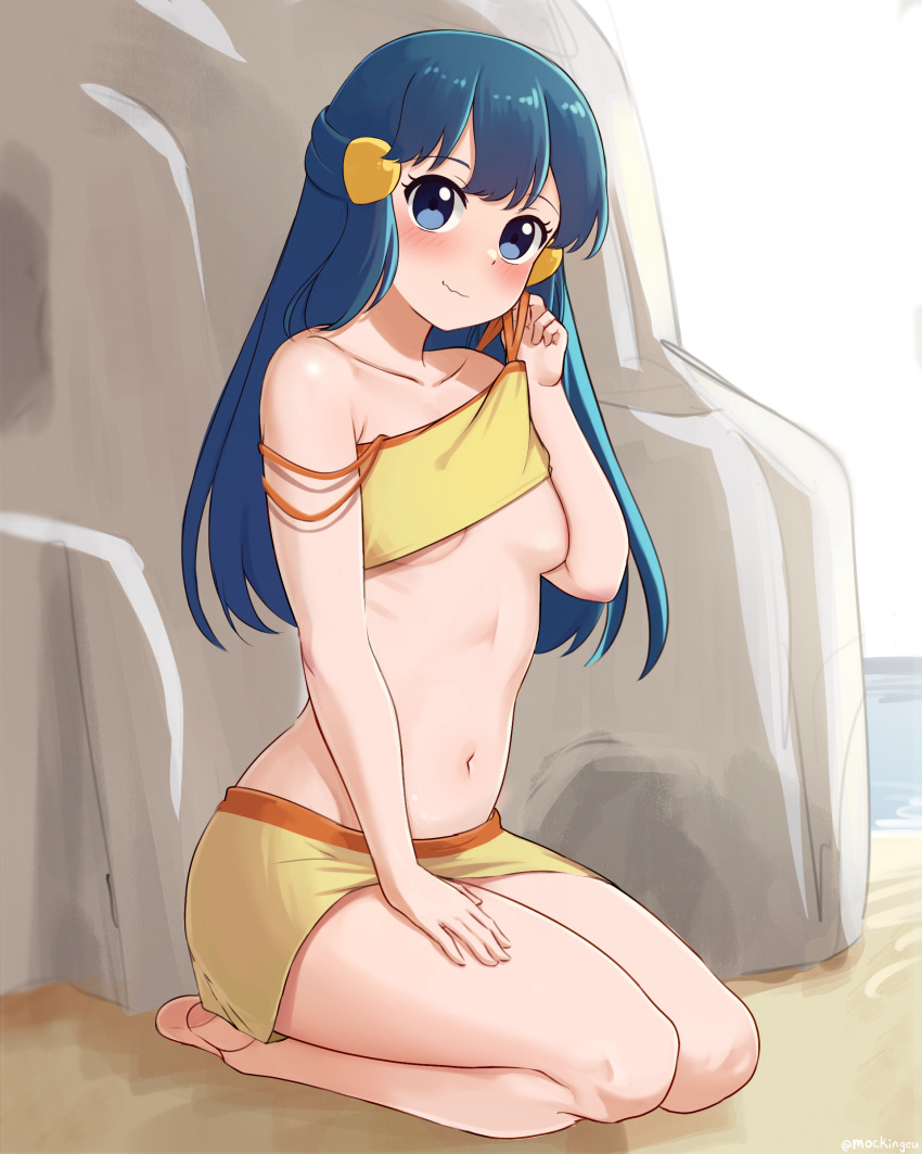 1girl absurdres bangs blue_eyes blush breasts closed_mouth clothes_lift commentary_request dawn_(pokemon) day eyelashes full_body hand_on_own_thigh hand_up highres long_hair mockingeu navel nervous_smile outdoors pokemon pokemon_(anime) pokemon_dppt_(anime) sand sitting smile solo swimsuit_lift