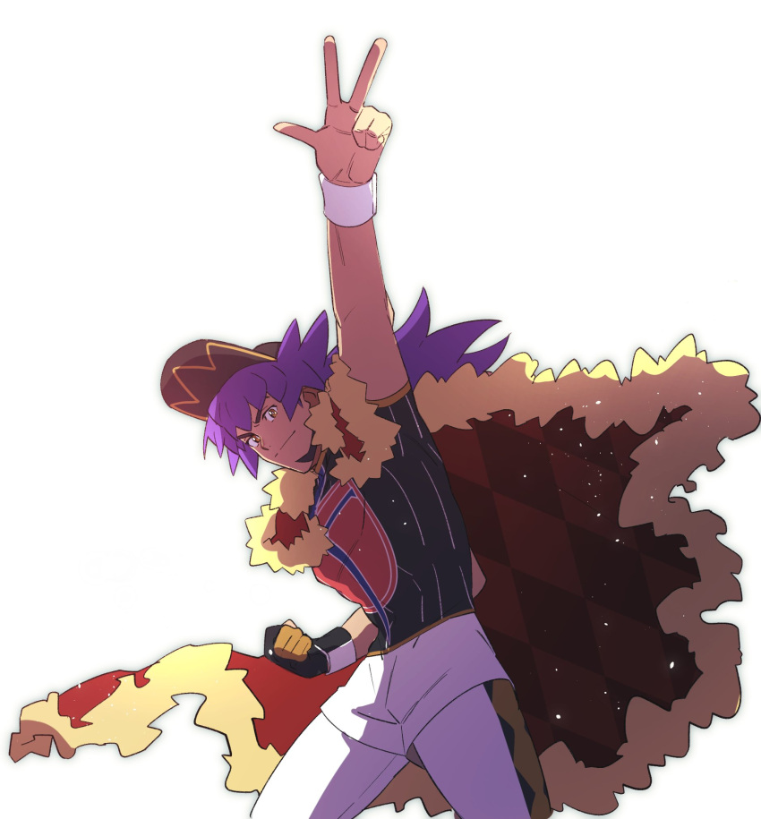 1boy argyle arm_up bangs baseball_cap cape champion_uniform charizard_pose clenched_hand closed_mouth cowboy_shot dynamax_band facial_hair fur-trimmed_cape fur_trim gloves hat highres leaning leggings legs_apart leon_(pokemon) long_hair male_focus morio_(poke_orio) partially_fingerless_gloves pokemon pokemon_(game) pokemon_swsh purple_hair red_cape shield_print shirt short_shorts shorts simple_background single_glove smile solo sword_print w white_background white_shorts