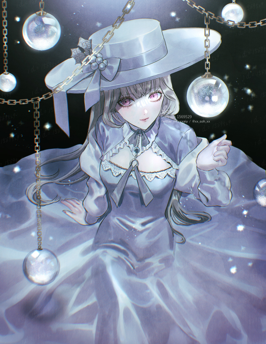 1girl absurdres bangs bow chain closed_mouth dress grey_dress grey_headwear hat hat_bow highres light_smile long_hair long_sleeves looking_at_viewer mole mole_under_mouth on_ground original pixiv_id purple_eyes sakuyu signature sitting smile snow_globe twitter_username