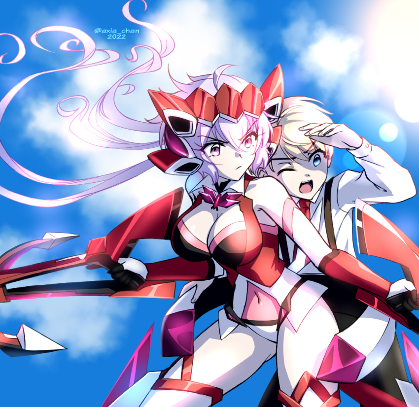 1boy 1girl axia-chan bare_shoulders blonde_hair blue_eyes bodysuit breasts character_request cleavage closed_mouth crossbow grey_hair headgear headphones holding holding_crossbow holding_weapon large_breasts long_hair long_sleeves one_eye_closed purple_eyes red_bodysuit senki_zesshou_symphogear senki_zesshou_symphogear_xd_unlimited shirt short_hair suspenders twintails weapon white_shirt yukine_chris