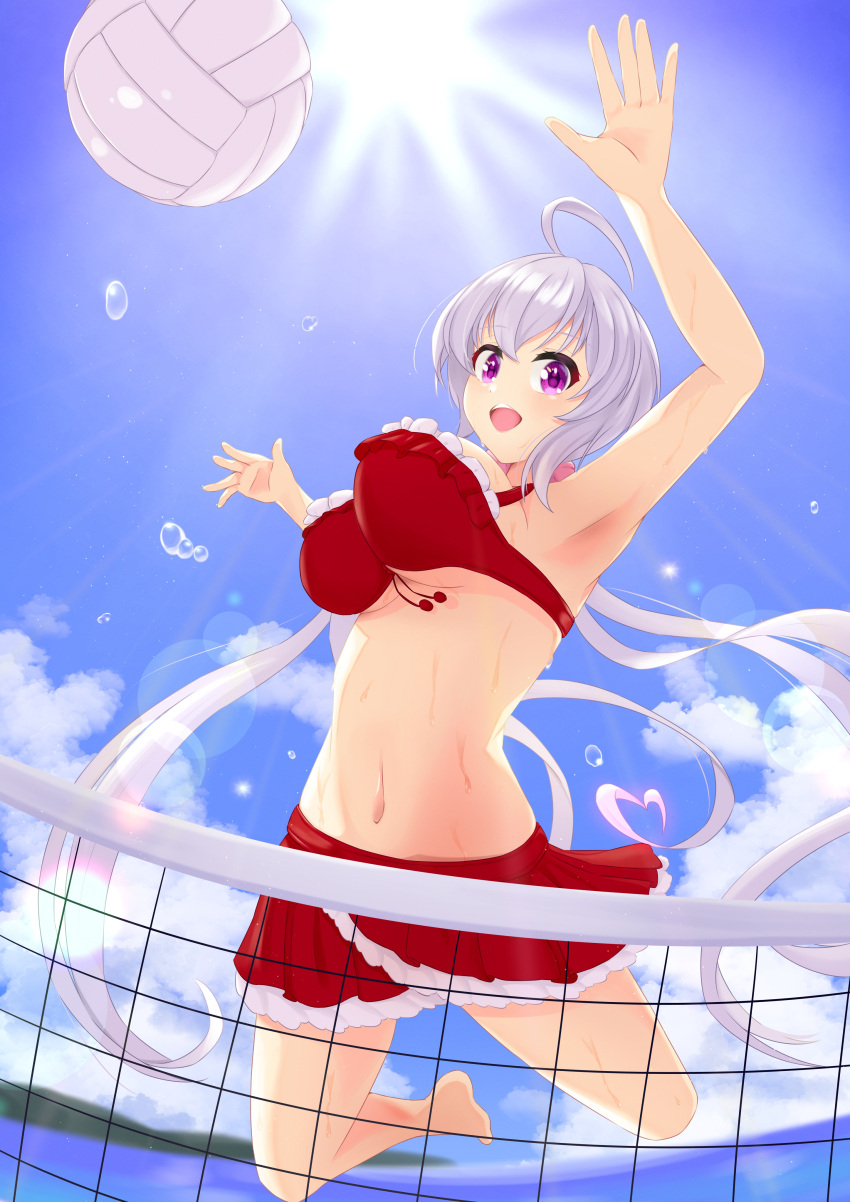absurdres ahoge armpits beach beach_volleyball bikini blue_sky bouncing_breasts breasts check_commentary cloud commentary commentary_request fisheye flying_sweatdrops from_below highres horizon jumping large_breasts looking_at_viewer navel open_mouth outdoors outstretched_arms purple_eyes red_bikini senki_zesshou_symphogear short_hair sky sparkle stomach sunlight sweat swimsuit tsubame-w volleyball volleyball_net water white_hair yukine_chris