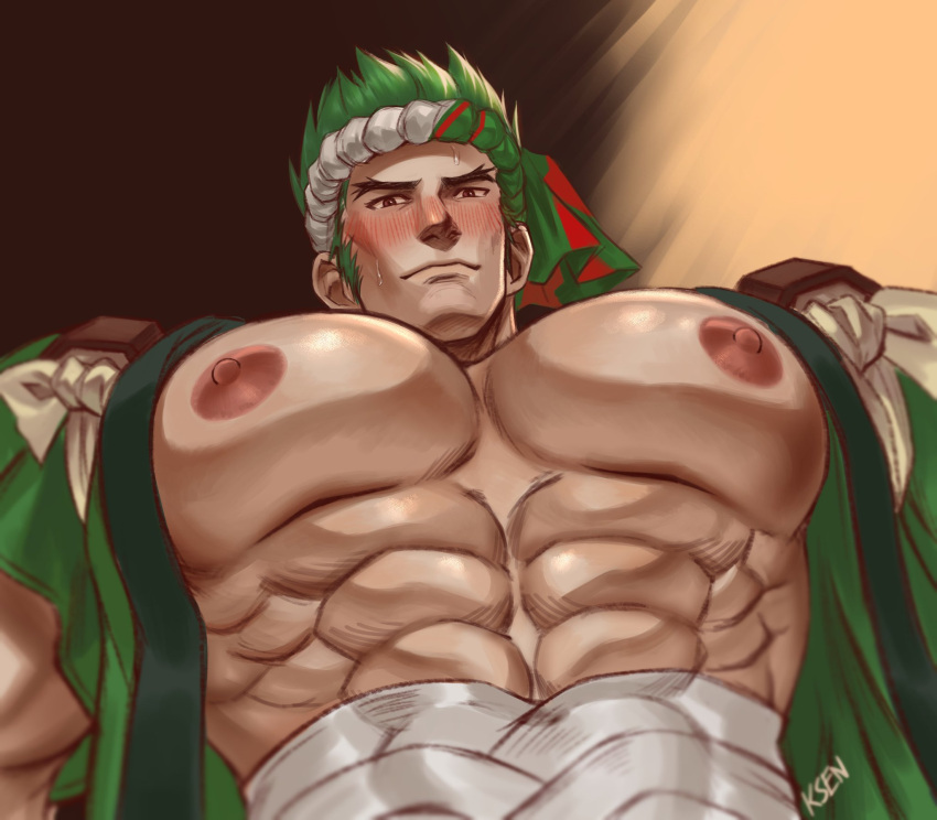 1boy abs artist_name bandages bara blush brown_eyes feet_out_of_frame genji_(overwatch) green_hair headband highres japanese_clothes k_sen212 kimono large_pectorals looking_down male_focus manly mature_male muscular muscular_male nipples open_clothes open_kimono overwatch pectorals short_hair signature simple_background smile solo spiked_hair sweat sweatdrop upper_body yukata