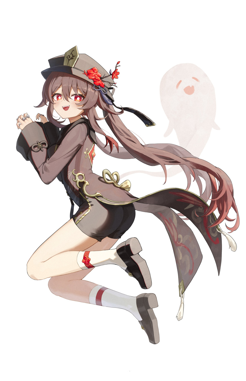 1girl absurdres ass black_headwear black_shorts boo_tao_(genshin_impact) coattails collared_coat floating flower flower-shaped_pupils full_body genshin_impact ghost ghost_pose hat hat_flower highres hu_tao_(genshin_impact) long_hair looking_at_viewer open_mouth pellas_(panix2383) plum_blossoms porkpie_hat red_eyes shorts simple_background smile solo symbol-shaped_pupils tailcoat tassel thumb_ring twintails very_long_hair white_background