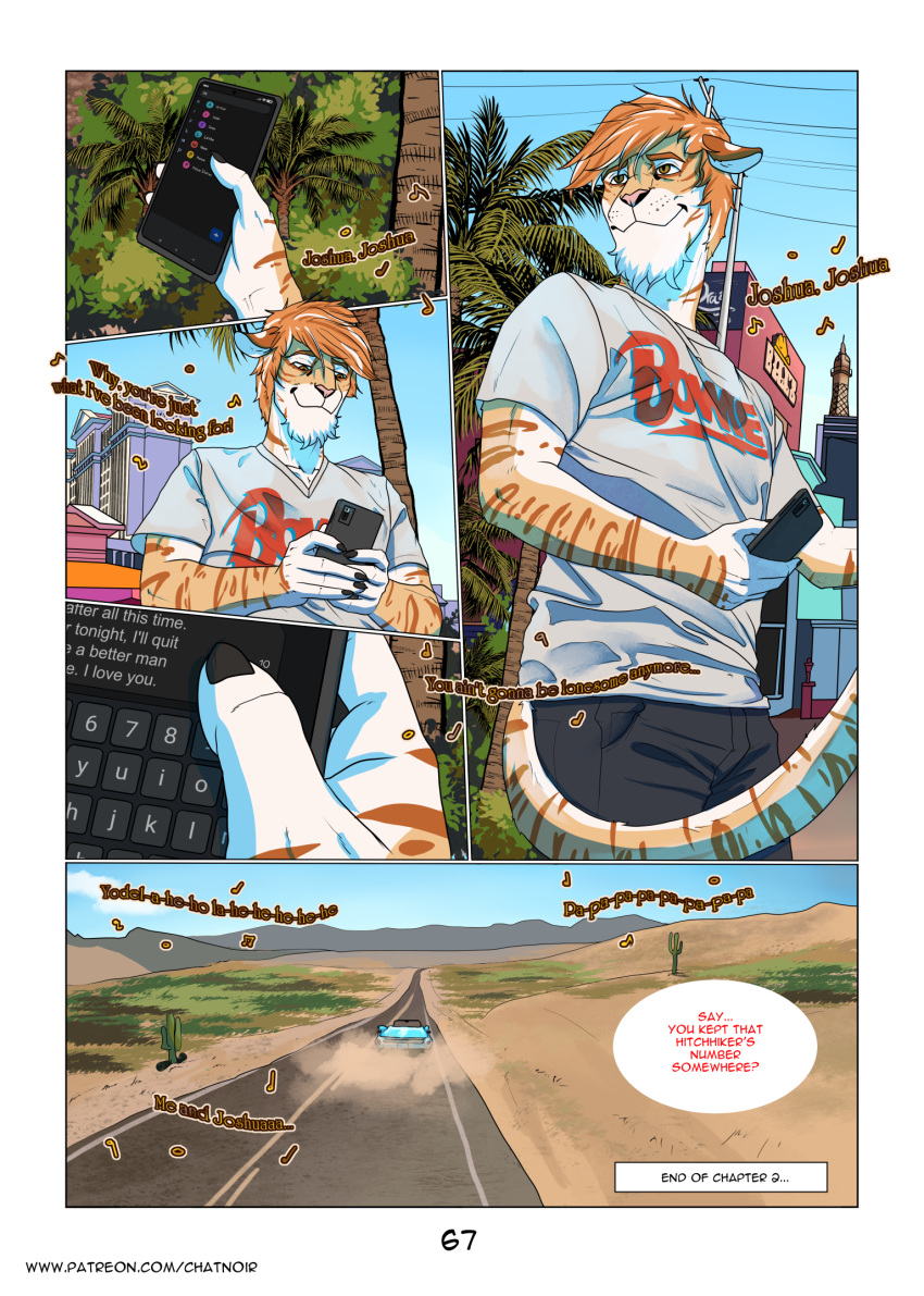 adrian_donovan anthro car cellphone clothed clothing comic desert dialogue digital_media_(artwork) english_text felid fur hair hi_res holding_object joshua_reed laudanumserum letho_donovan male mammal outside pantherine phone plant sky smile solo speech_bubble stripes text tiger topwear url vehicle