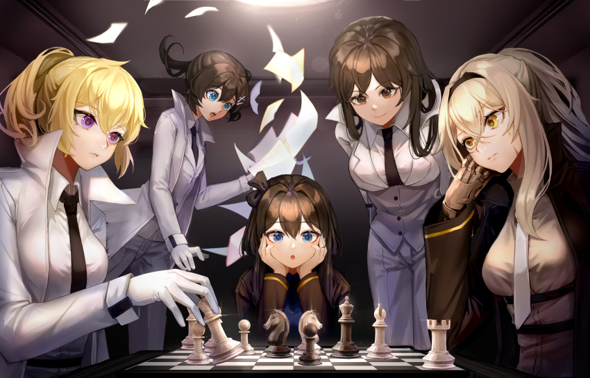 5girls absurdres bishop_(chess) blue_eyes board_game brown_eyes chess chess_piece fan_zhongli_cangshu flying_paper formal gloves head_rest highres hod_(project_moon) holding_chess_piece knight_(chess) library_of_ruina looking_at_another mechanical_arms multiple_girls open_mouth original paper pawn_(chess) project_moon purple_eyes rook_(chess) serious single_mechanical_arm suit surprised white_suit yellow_eyes