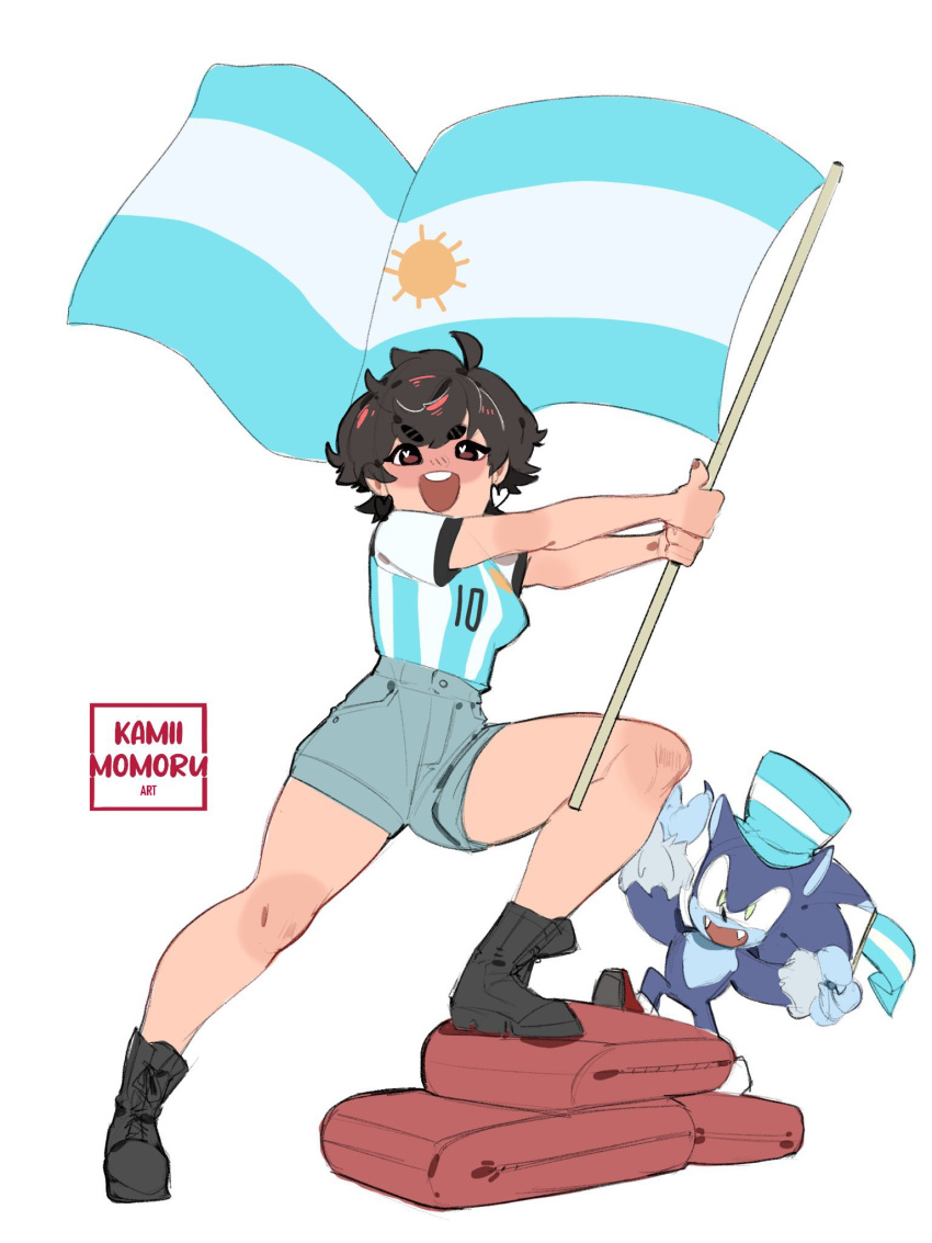 1boy 1girl 2022_fifa_world_cup argentina argentinian_flag argentinian_flag_print black_footwear black_hair blue_shirt blue_shorts boots breasts character_request commentary copyright_request english_commentary hat highres kamira_naito open_mouth rock shirt shorts simple_background small_breasts soccer_uniform sonic_the_werehog sportswear striped striped_shirt top_hat upper_body vertical-striped_shirt vertical_stripes white_background white_shirt world_cup