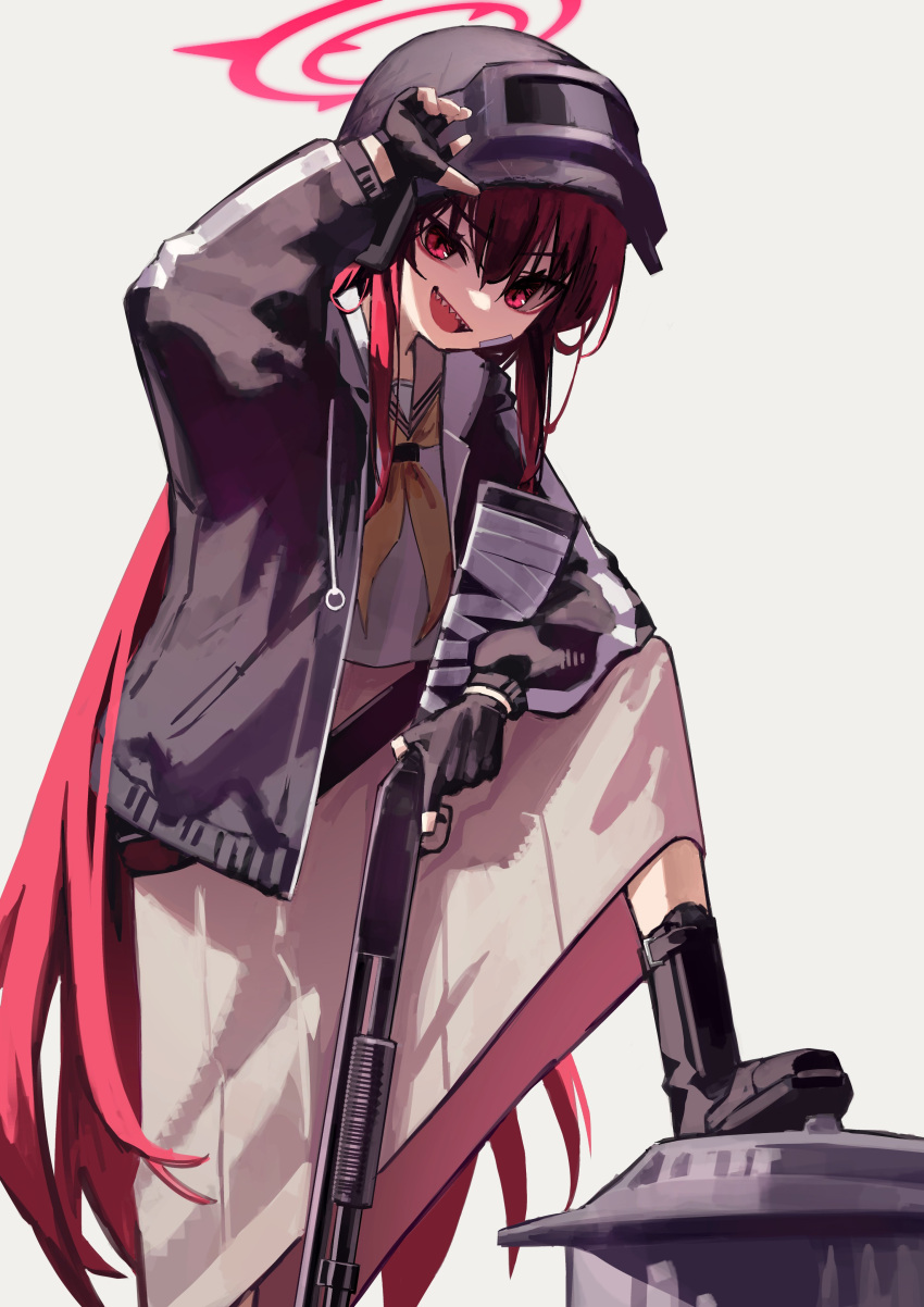 1girl absurdres bandaid bandaid_on_face bangs black_gloves black_jacket blue_archive fingerless_gloves gloves grey_background gun halo helmet highres holding holding_gun holding_weapon jacket long_hair long_sleeves looking_at_viewer neckerchief open_clothes open_jacket open_mouth rabu_(blue_archive) red_eyes red_hair sailor sharp_teeth shirt shotgun simple_background skirt smile solo teeth trash_can very_long_hair visor_lift weapon white_shirt white_skirt yellow_neckerchief yoon_cook